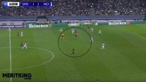 After Kovacic is pulled out of position and beaten by a successful dribble, City's midfield is again wide open, allowing Sporting to score a second.

