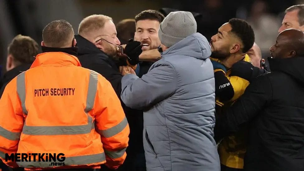 Matheus Cunha (right) appeared to knock the glasses off a member of Ipswich Town's security team on Saturday