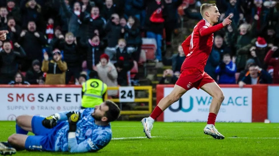  "Aberdeen winger Topi Keskinen celebrates scoring a goal against Hibernian in the Scottish Premiership."