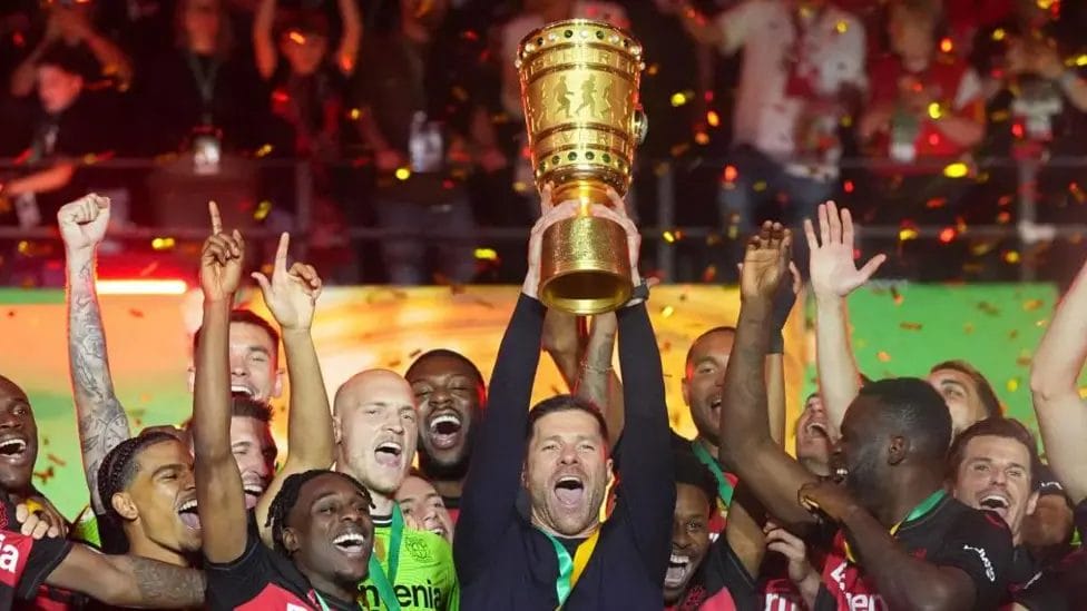 Bayer Leverkusen won 28 and drew six of their 34 Bundesliga games, winning the title with five matches to spare, and beat Kaiserslautern 1-0 in the German Cup final

