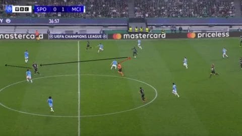 Manchester City's Kovacic, overworked as the only number six, cannot get close enough to stop the through ball for Sporting's first goal.

