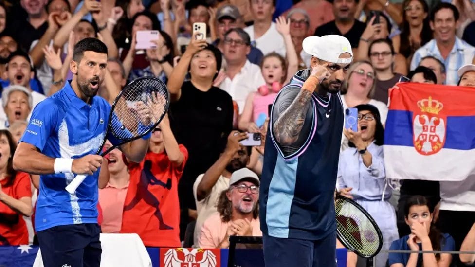 Djokovic and Kyrgios were supported by a loud and boisterous crowd at the Pat Rafter Arena in Brisbane

