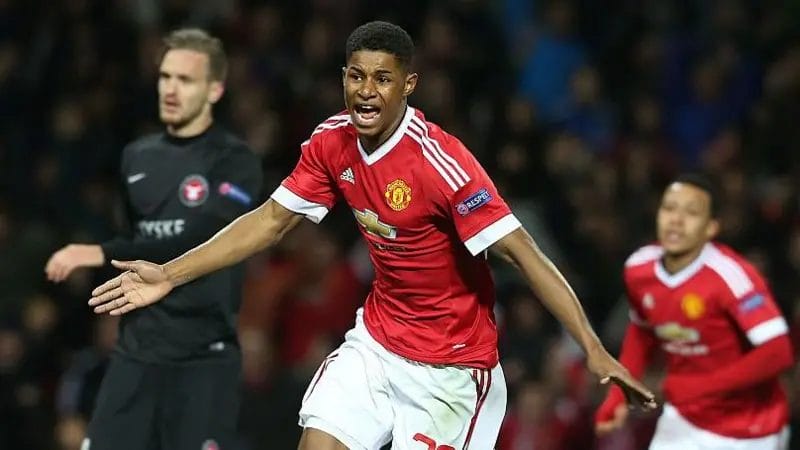 Rashford scored twice on his senior Manchester United debut - a 5-1 Europa League win over FC Midtjylland at Old Trafford in February 2016 when he was 18

